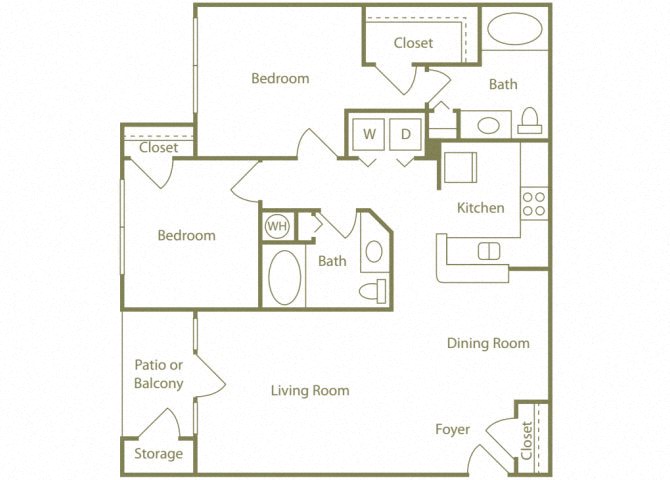 Floor plan for 2 beds, 2 baths, 1097 sqft